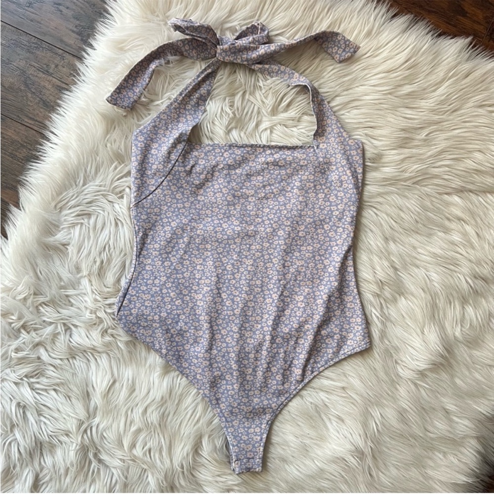 Intimately Free People Talk Back Lilac Floral Halter Bodysuit